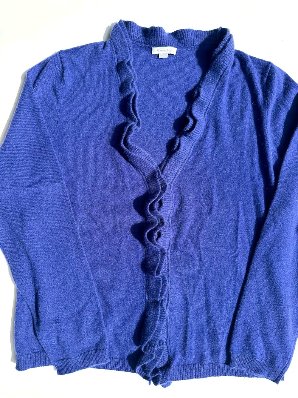 NWOT Garnet Hill 100% Cashmere Royal Blue Ruffle-Front Cardigan, XL